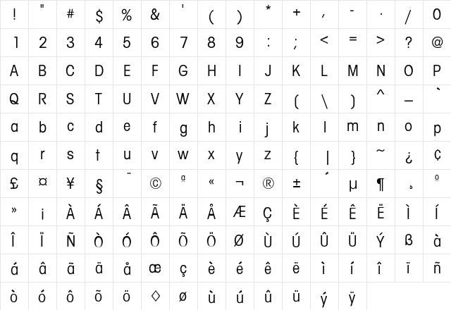 Aubade Condensed Regular  glyph index