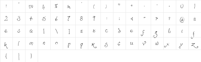 Bilbo-hand Regular  glyph index
