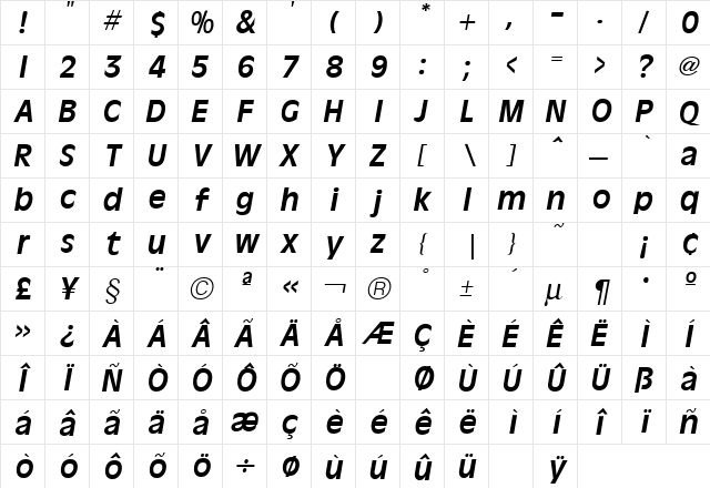 Olive Antique Italic  glyph index