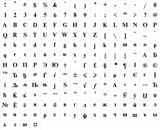 NewtonMACCTT Bold  glyph index