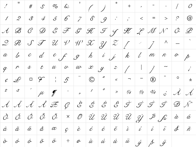 TangoScriptSSK Regular  glyph index
