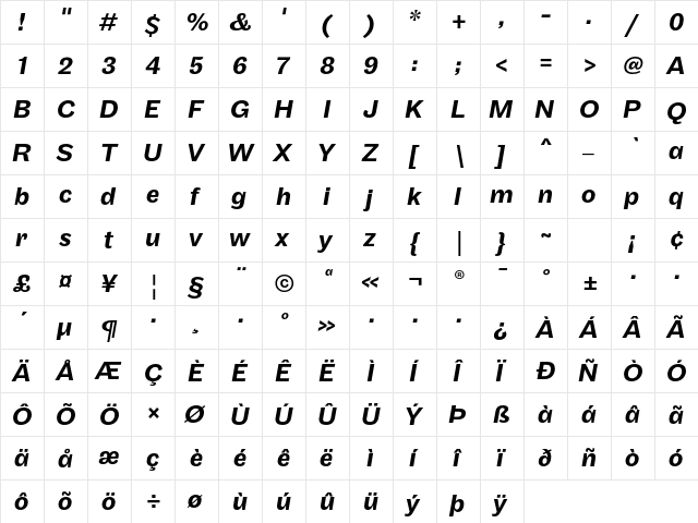 Maple Medium Italic  glyph index