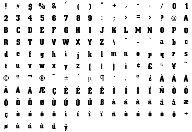 Downtown Regular  glyph index