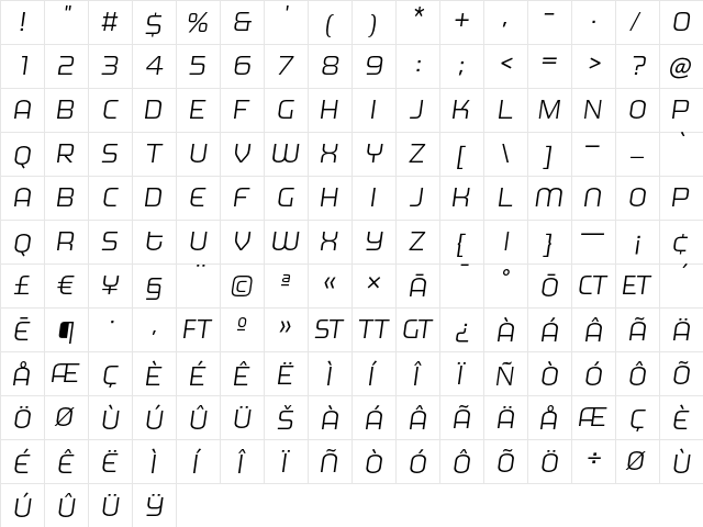 MorganBig LightItalic  glyph index