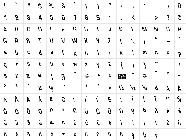 EuroseCondBackslant Regular  glyph index