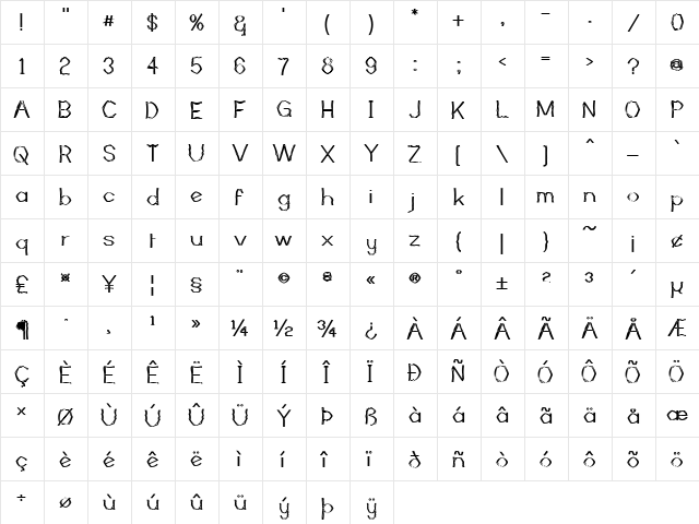 Mutant Bamboo II Regular  glyph index