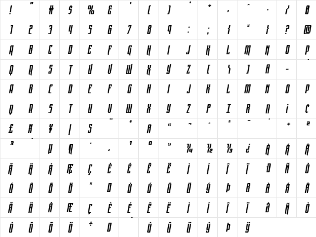 Night Traveler Title Italic Regular  glyph index