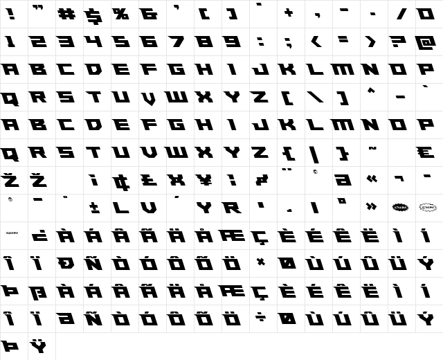 Paladins Leftalic Regular  glyph index