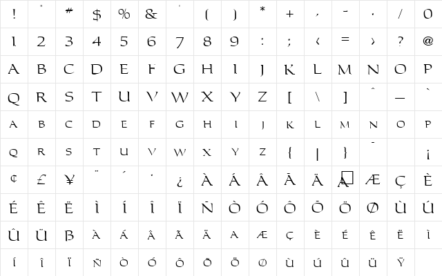 Imperial Regular  glyph index