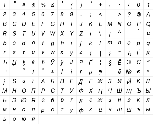 HelveticaCyr Upright Italic  glyph index