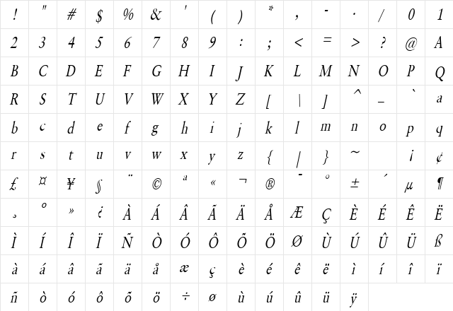 Garrick Thin Italic  glyph index