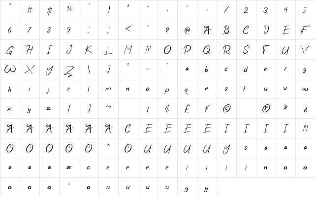 Wonder Scribble Regular  glyph index