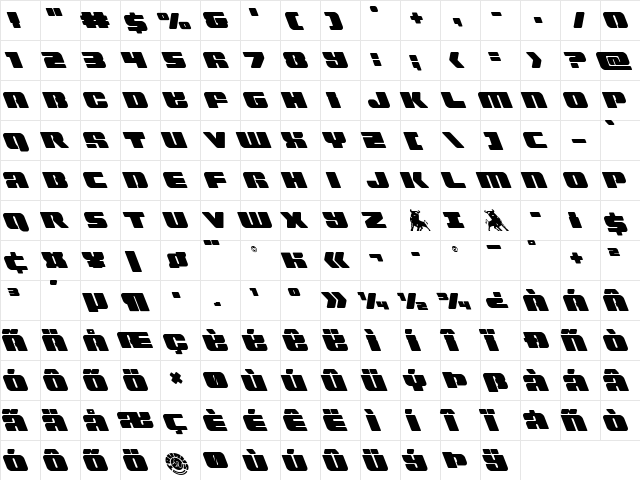 Capricus Leftalic Regular  glyph index