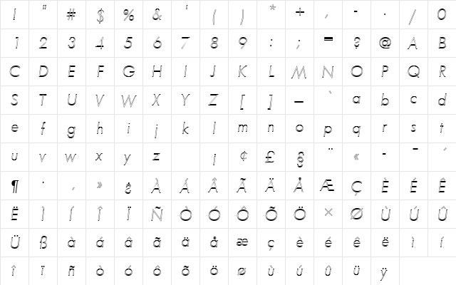FuturaTLigOblOu1 Regular  glyph index