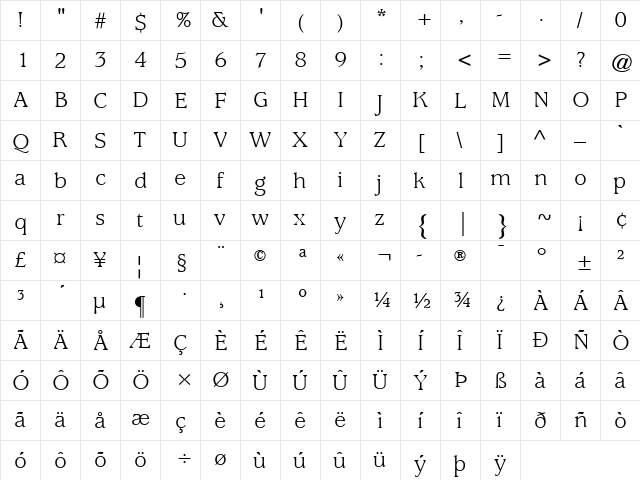 Usherwood LT Book Regular  glyph index