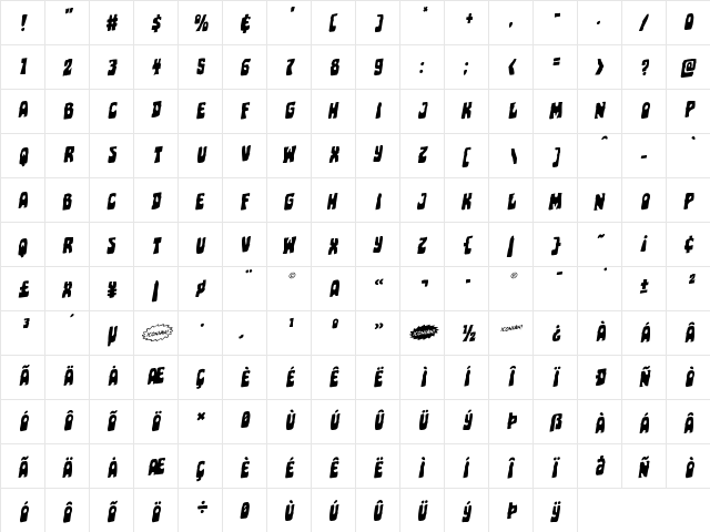 Pocket Monster Staggered Rotalic Italic  glyph index