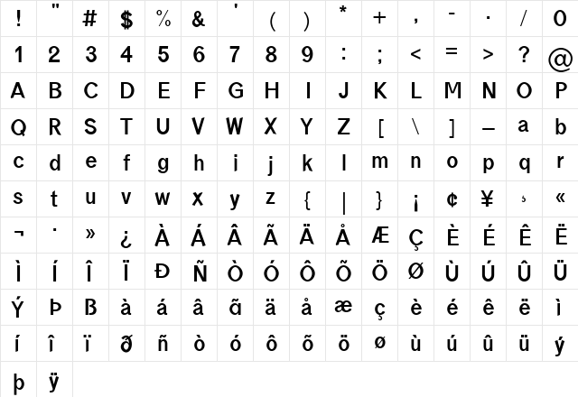 borneo Bold  glyph index