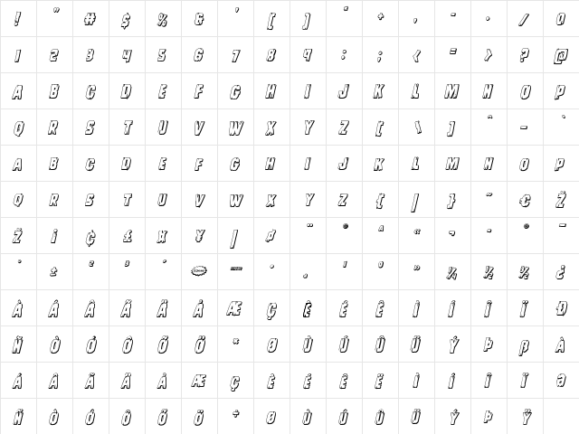 Leatherface 3D Italic Italic  glyph index