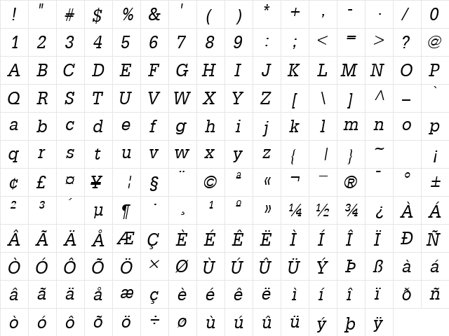 InstallationSSK Italic  glyph index