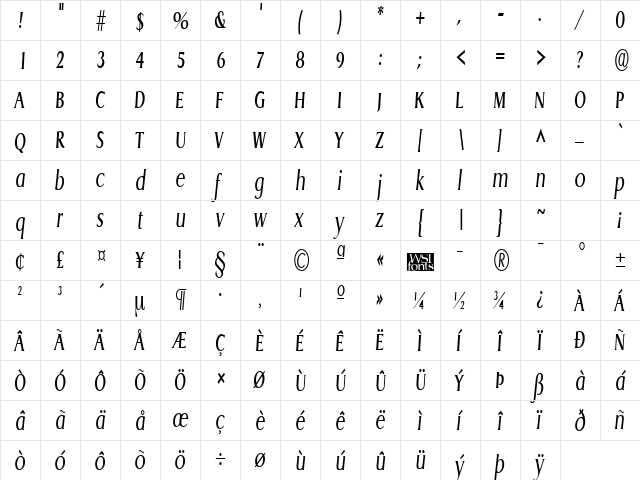 GriffonCondensed Italic  glyph index