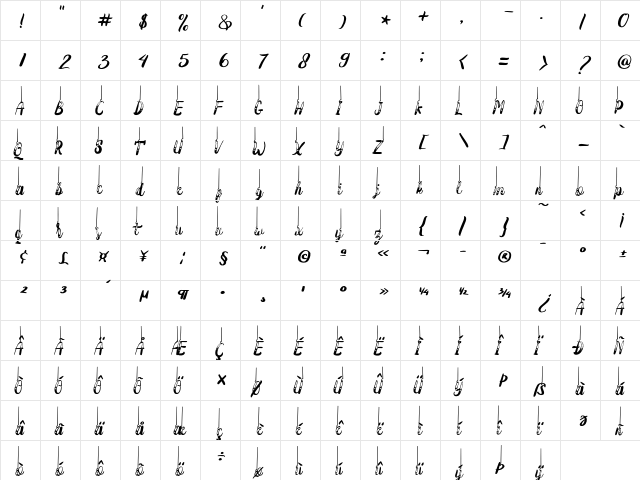 Hanging_Darling Regular  glyph index