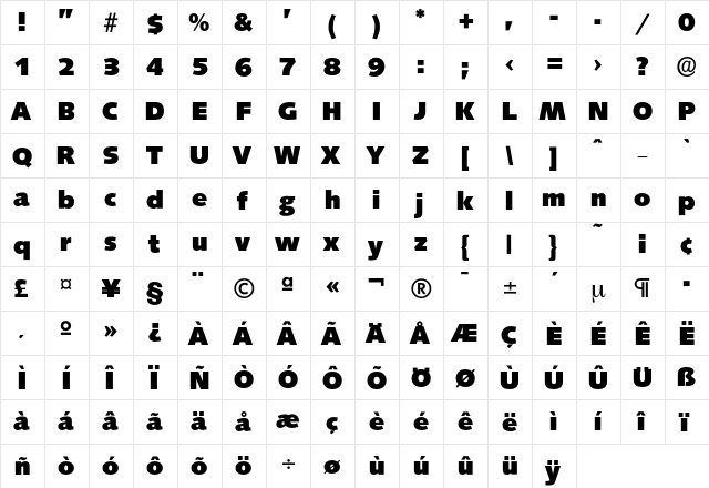 Saxony-Heavy Regular  glyph index