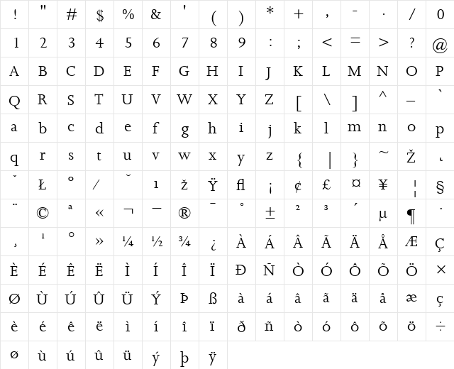 Joanna Regular  glyph index