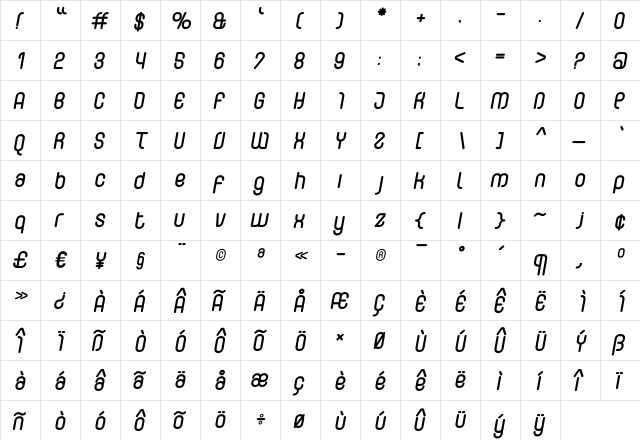 Curvature-RoundedItalic Regular  glyph index