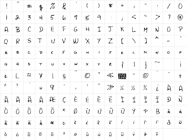 LestersHand Regular  glyph index