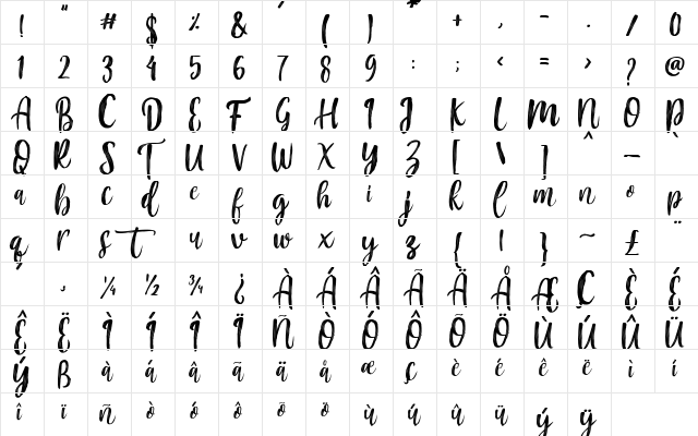 Mountain Script Regular  glyph index