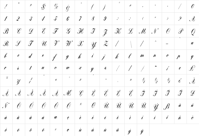 Bolina Regular  glyph index