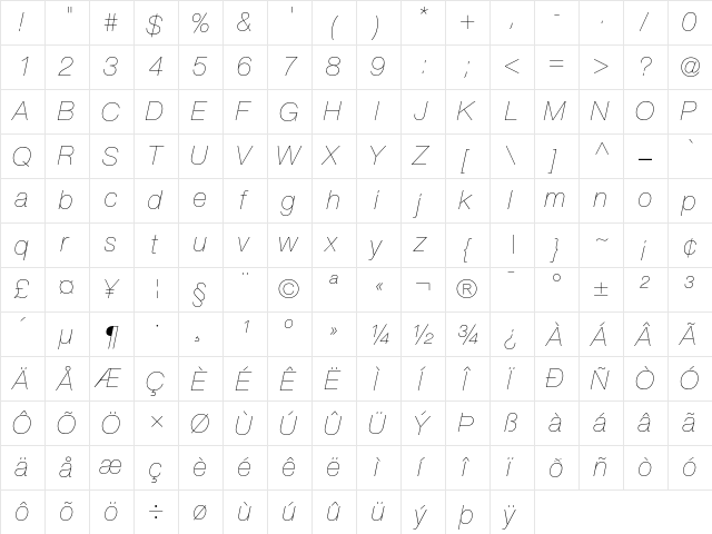 HelveticaNeue Regular  glyph index