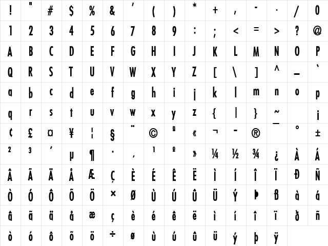 Fuji-Condensed Bold  glyph index