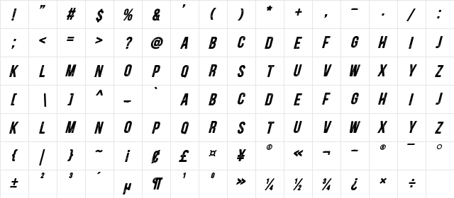 Blackside Rust Bold Italic  glyph index