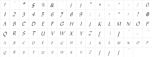 Caracub-Italic Regular  glyph index