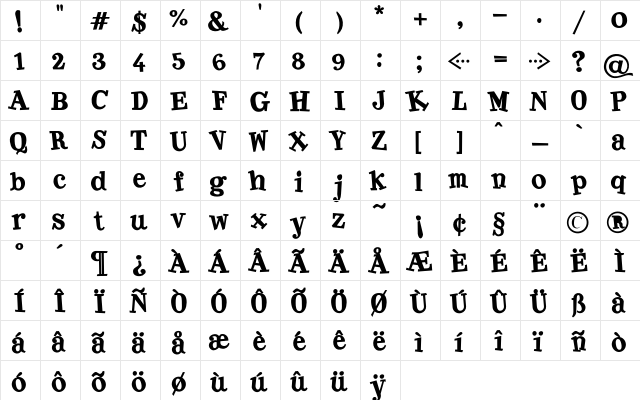 Bolbody Bold  glyph index