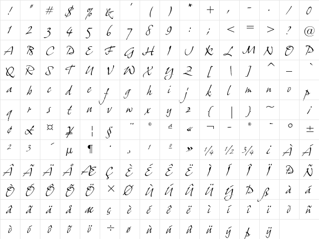 Grimshaw Hand ITC Std Regular  glyph index