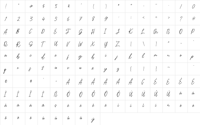 Bambi Handwritten Regular  glyph index
