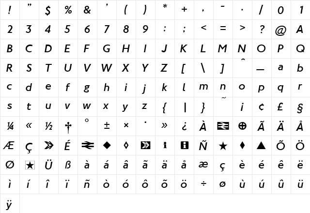 NJLightItalic Regular  glyph index