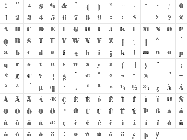 BodoniRising Regular  glyph index