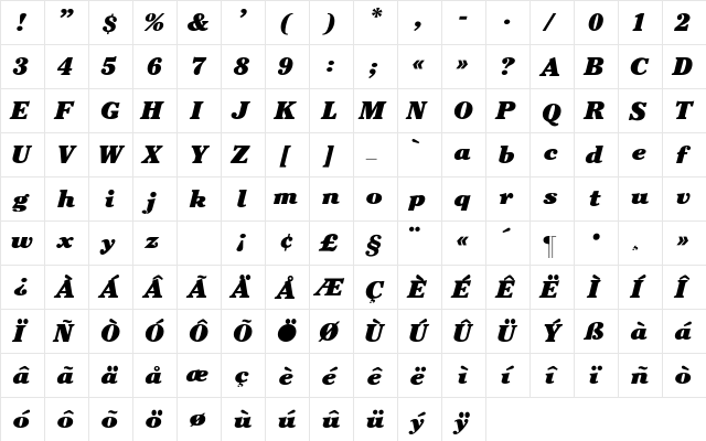 Cheltenham-BlackItalic Regular  glyph index