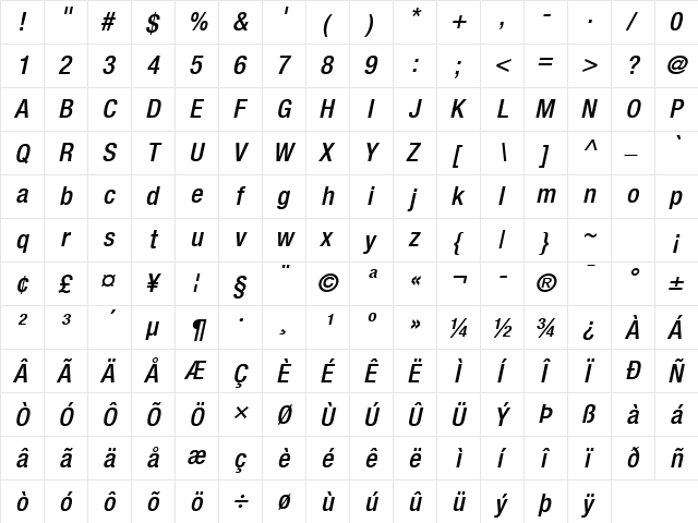 Helvetica Neue LT Com 67 Medium Condensed Oblique  glyph index