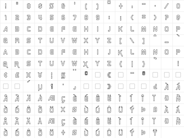 Zebulon Hollow Condensed Regular  glyph index