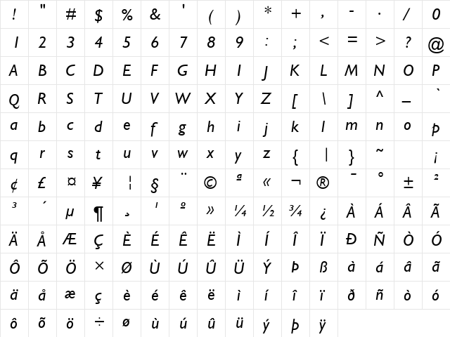 Garrison Light Sans BOLDITALIC  glyph index