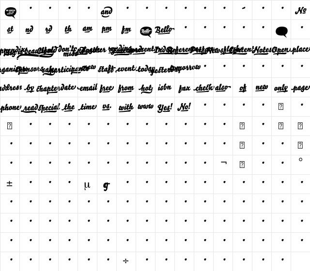 Bello Words Body Regular  glyph index