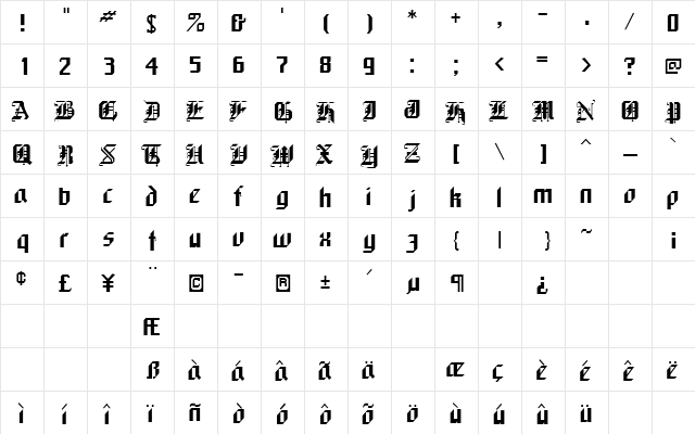 KlemaSSK Regular  glyph index