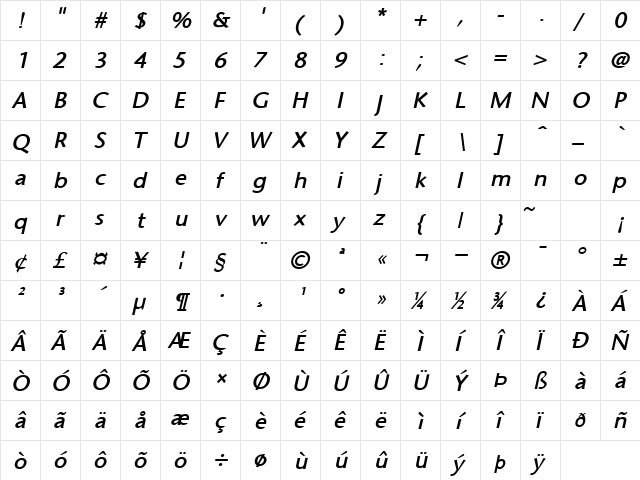 Optimist Bold Italic  glyph index