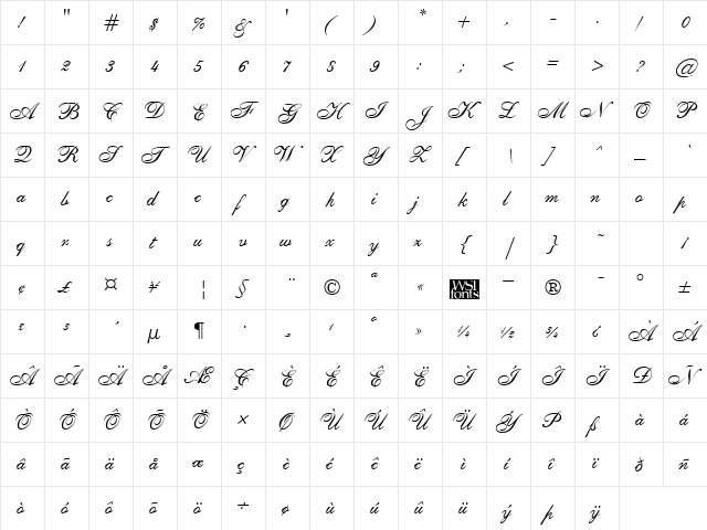 SheerElegance Regular  glyph index