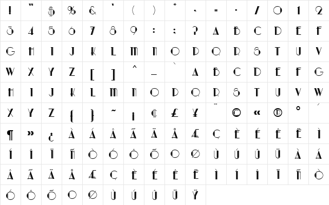 Artdeco MN Regular  glyph index