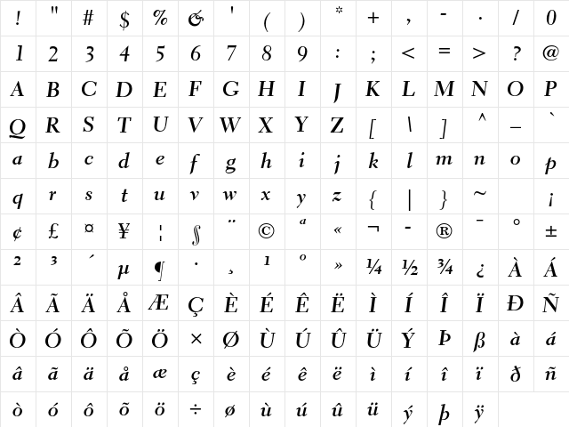 Electra LT Std Bold Cursive  glyph index